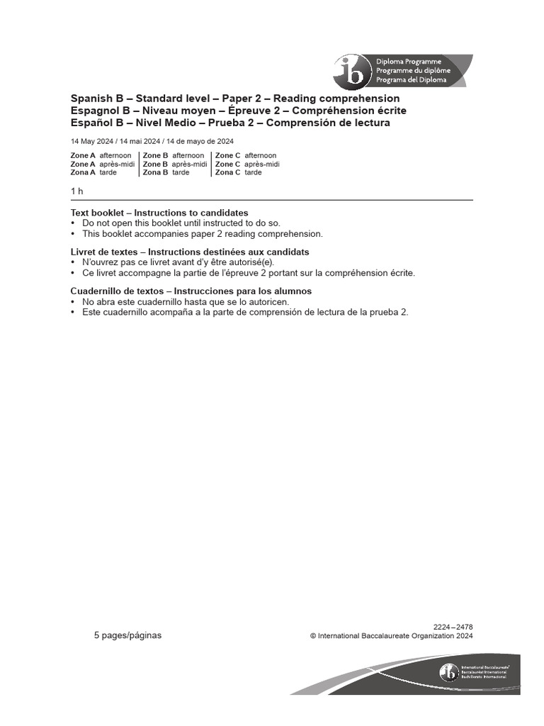May 2024 Spanish B Paper 2 Reading Comprehension Text Booklet SL ...