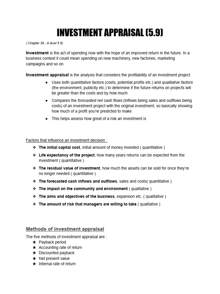 Investment Appraisal (5.9) | PDF | Net Present Value | Capital Budgeting