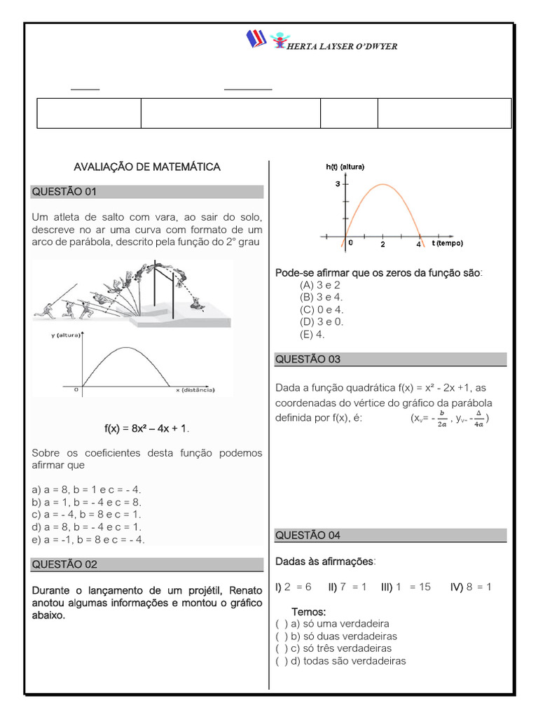 1°ANO F - MAT-AVALIAÇÃO HERTA LAYSER 4º Bim 2023 | PDF | Função ...