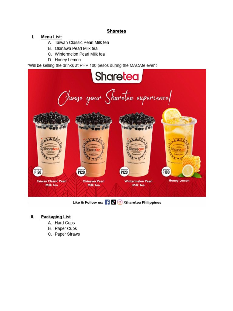 (Menu List and Packaging) Sharetea | PDF
