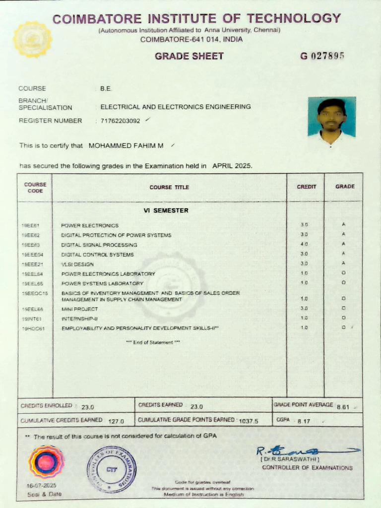 6th Sem Marksheet - New | PDF | Electricity | Electrical Engineering