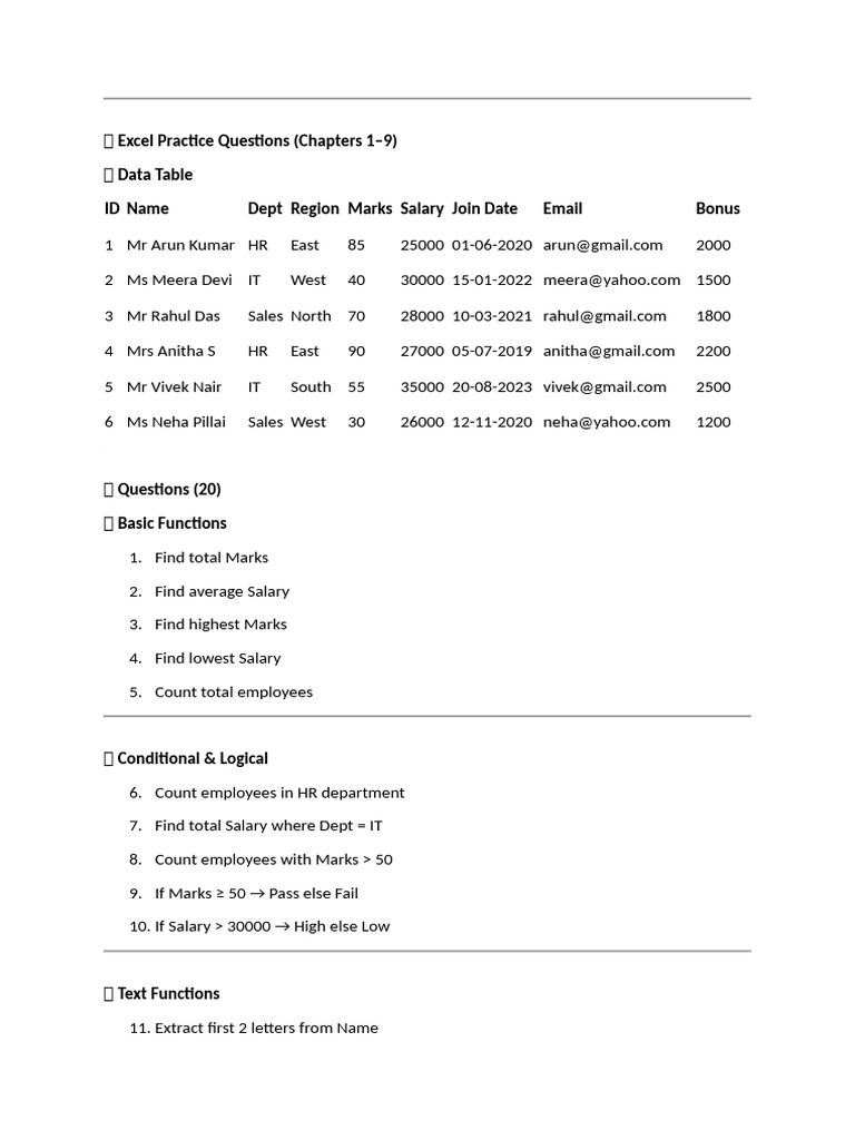 ? Excel Practice Questions | PDF