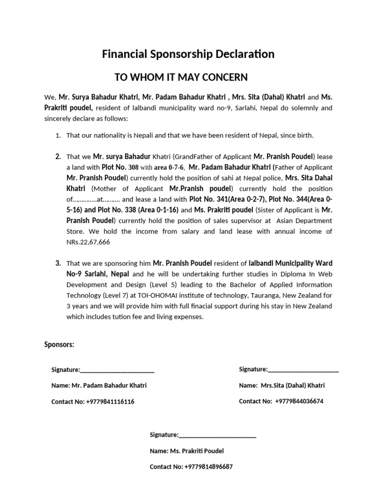 Financial Sponsorship Declaration | PDF