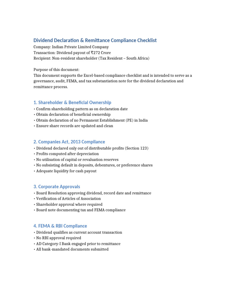 Dividend Remittance Compliance Supporting Note | PDF | Dividend | Tax ...