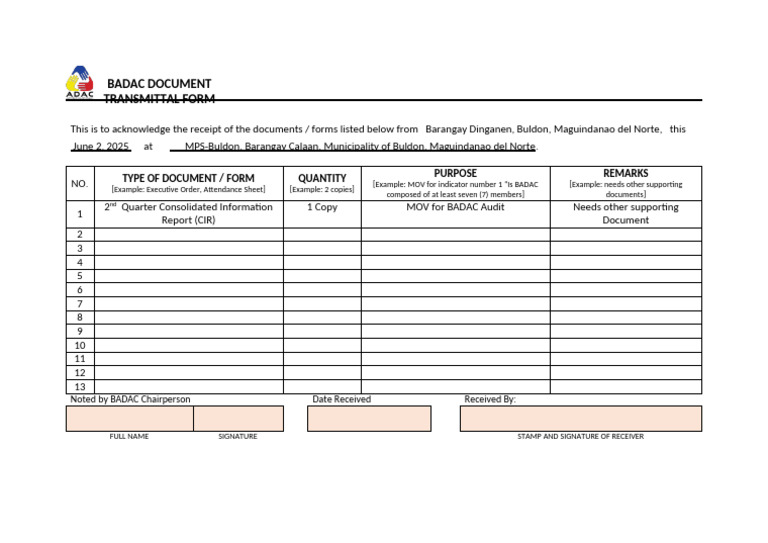 BADAC FORM - Document Transmittal Form | PDF