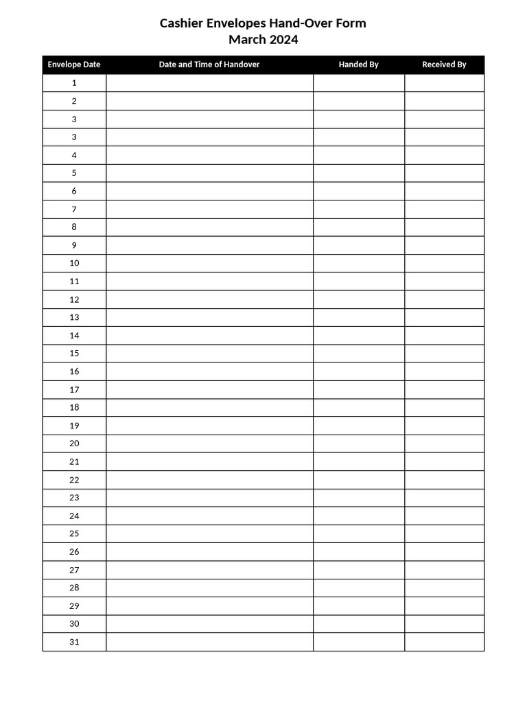 Cashier Envelope Handover Form | PDF