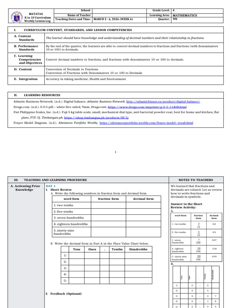 Grade 4 DLL Matatag - Math - q4 - Week 6 | PDF | Decimal | Arithmetic