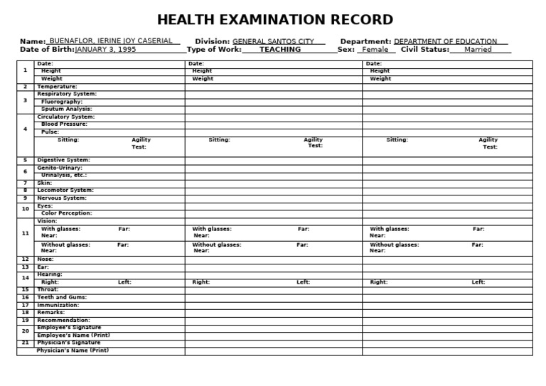 Cs Form 86.health Examination - Word | PDF