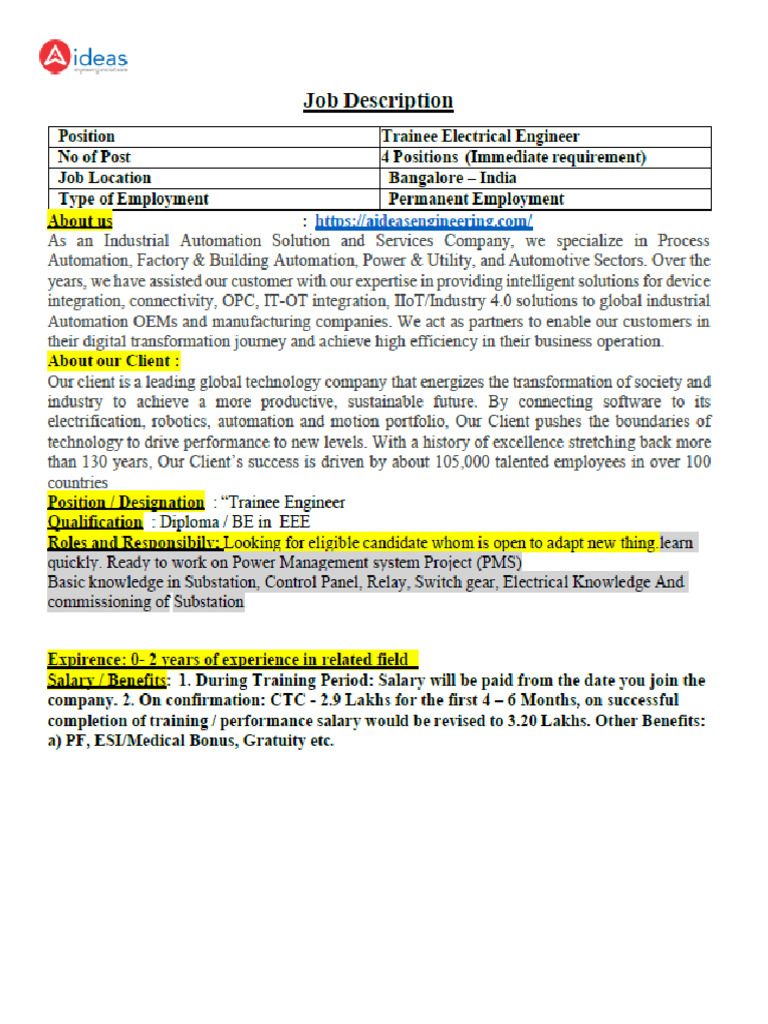 Electrical Engineer - Trainee JD | PDF