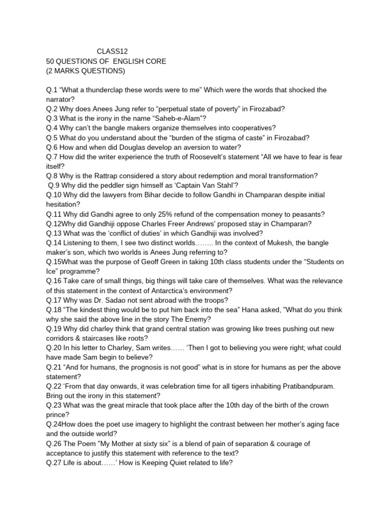 50 Questions of English Core For 2025-26 | PDF
