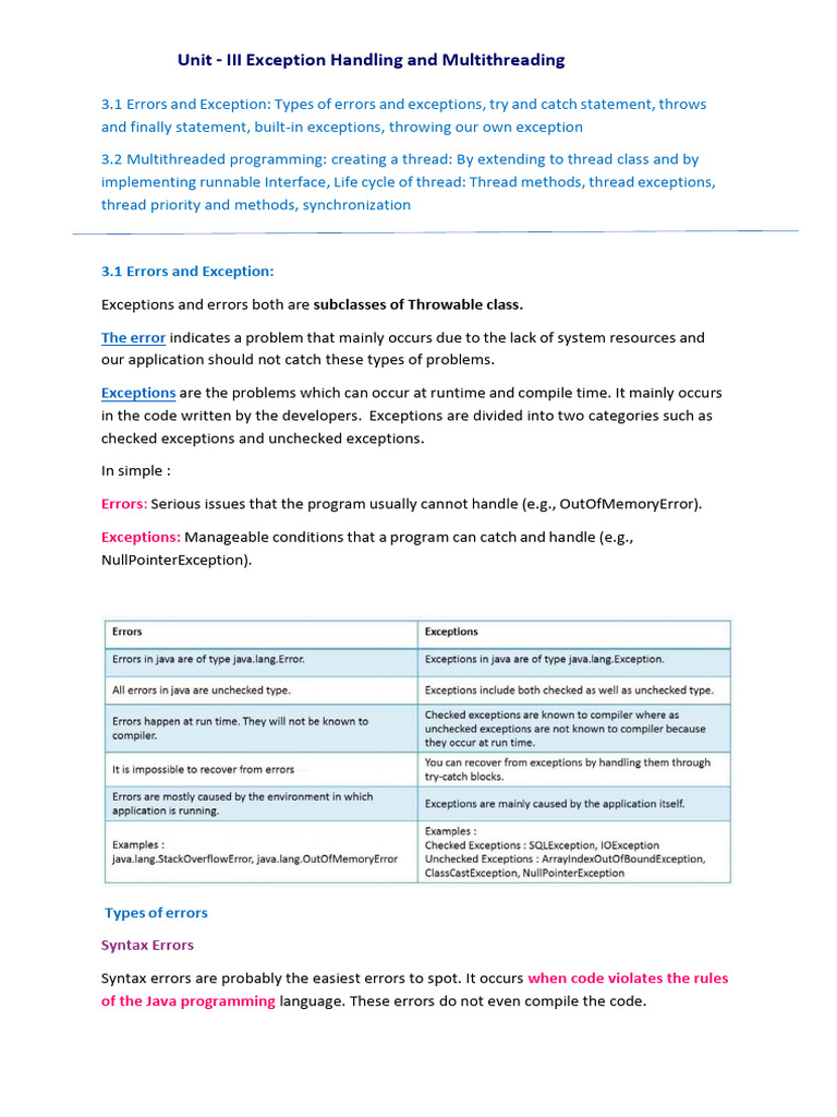 Unit 3. Exception Handling and Multithreading | PDF | Computer Program ...