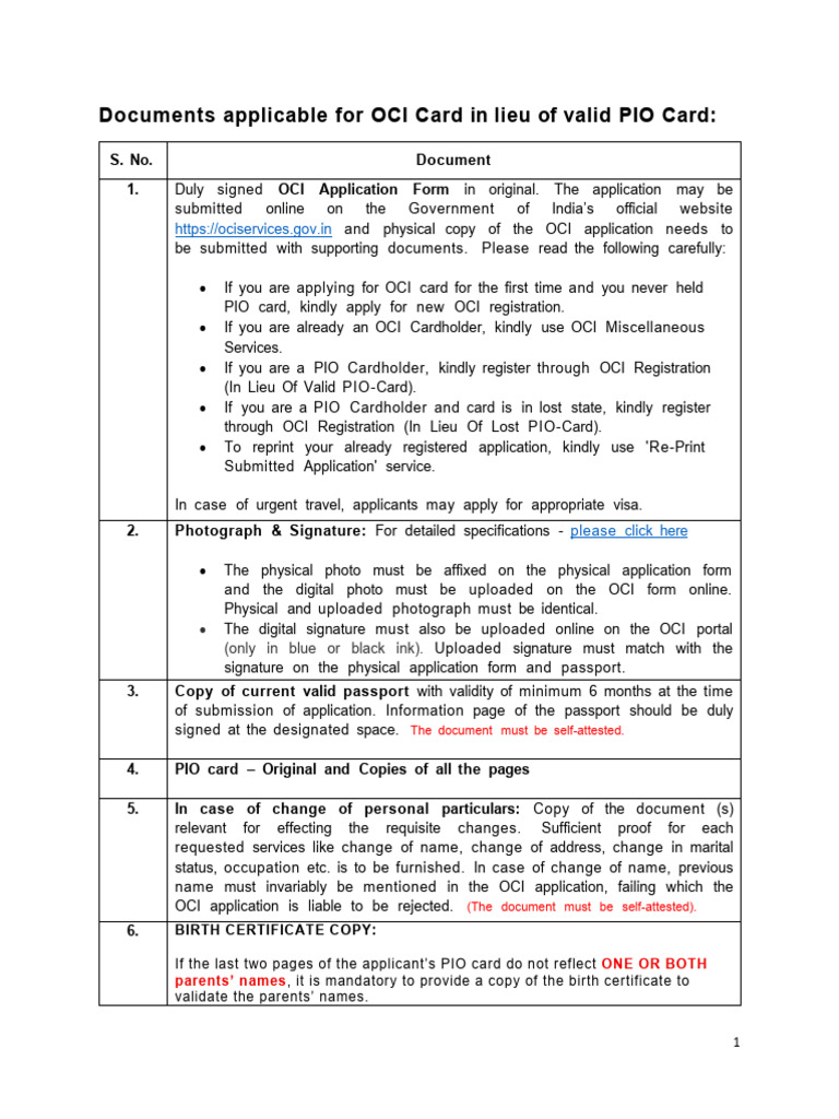 List of Documents Minor OCI Card in Lieu of PIO Card | PDF | Government ...