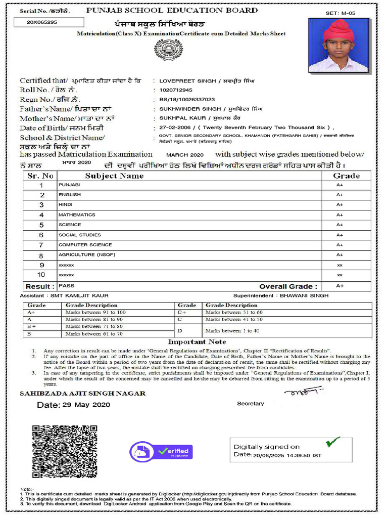 10th Marksheet | PDF | Punjab