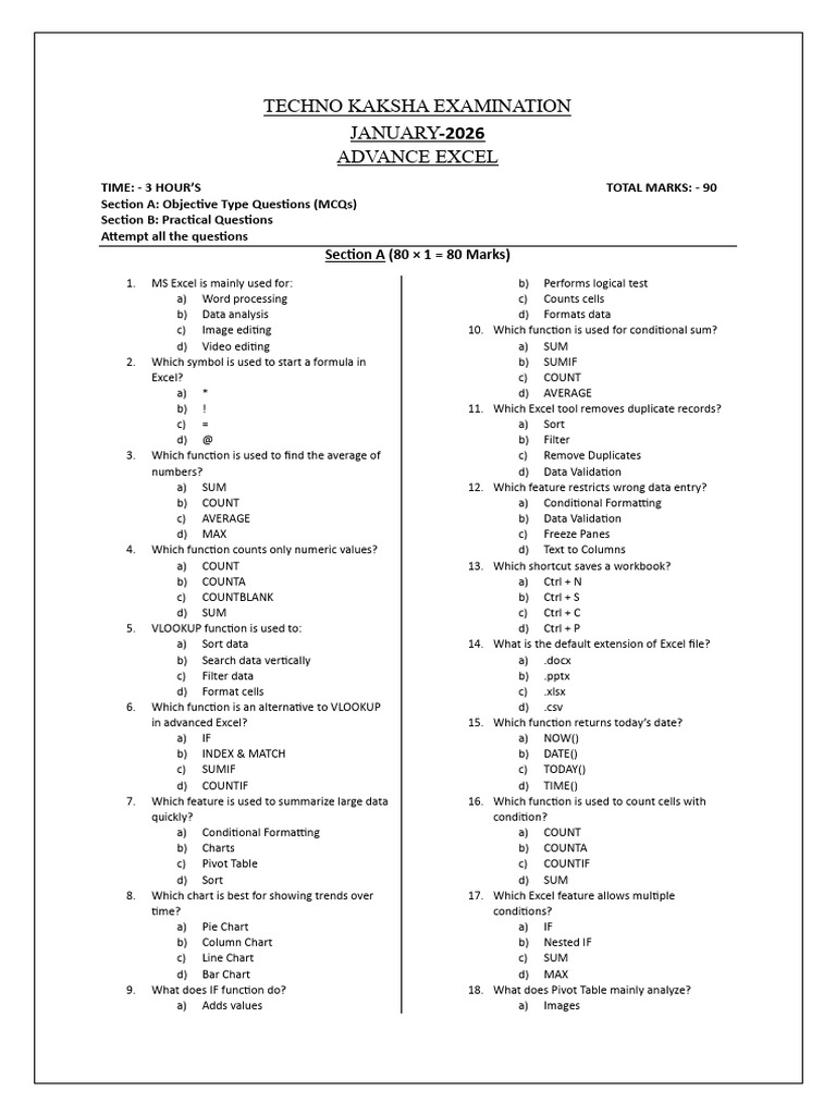 Advance Excel Exam Papers (2026) | PDF | Microsoft Excel | Data