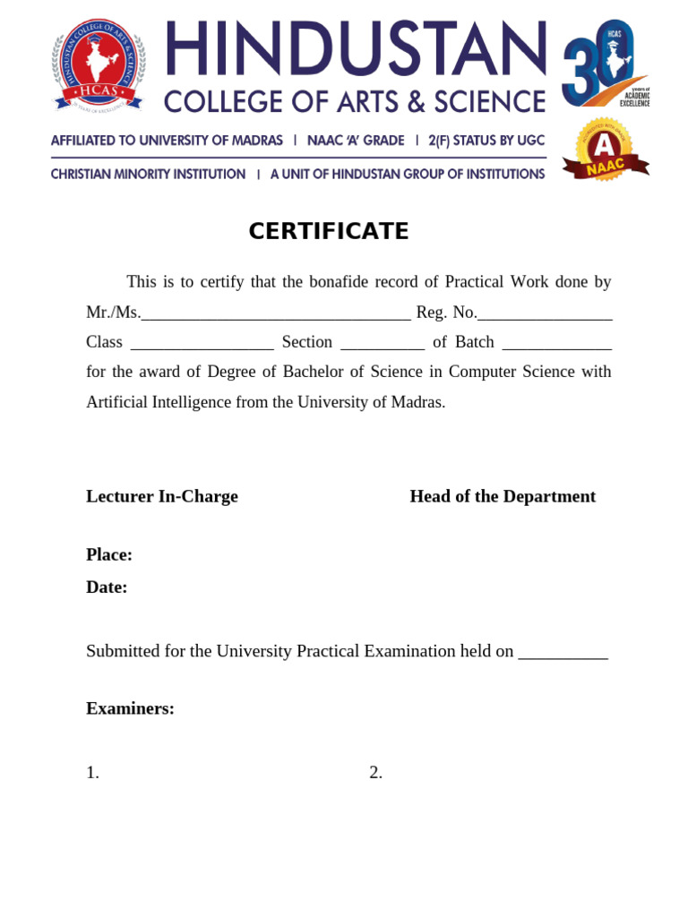 Record Certificate Page. B.SC CS W AI | PDF