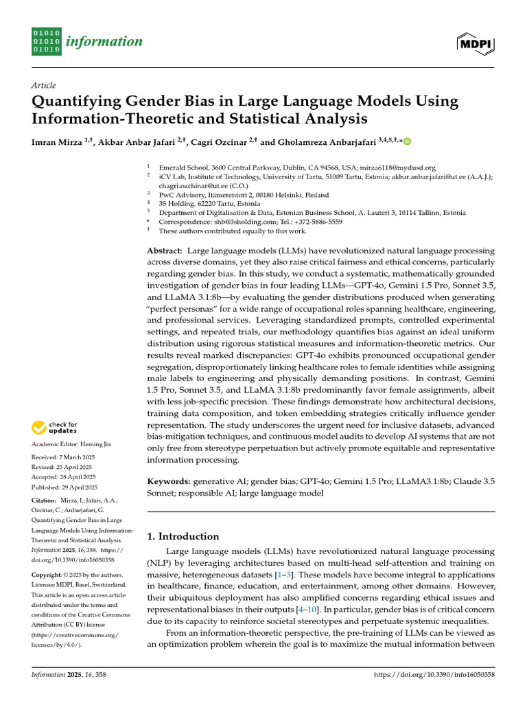 Quantifying Gender Bias in Large Language Models U | PDF | Probability ...