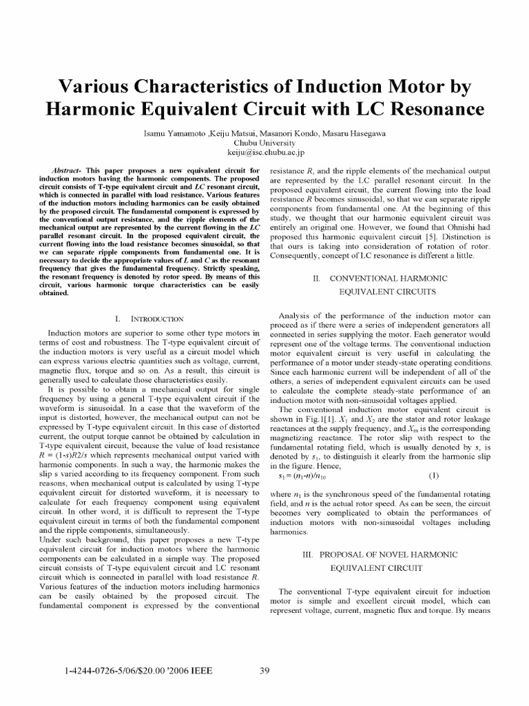Various Characteristics of Induction Motor by Harmonic Equivalent ...