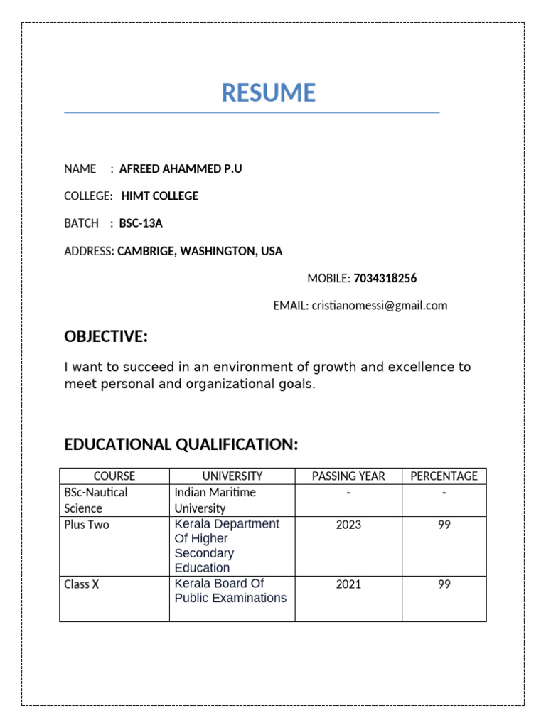 Afreed Resume BSC 13 A | PDF