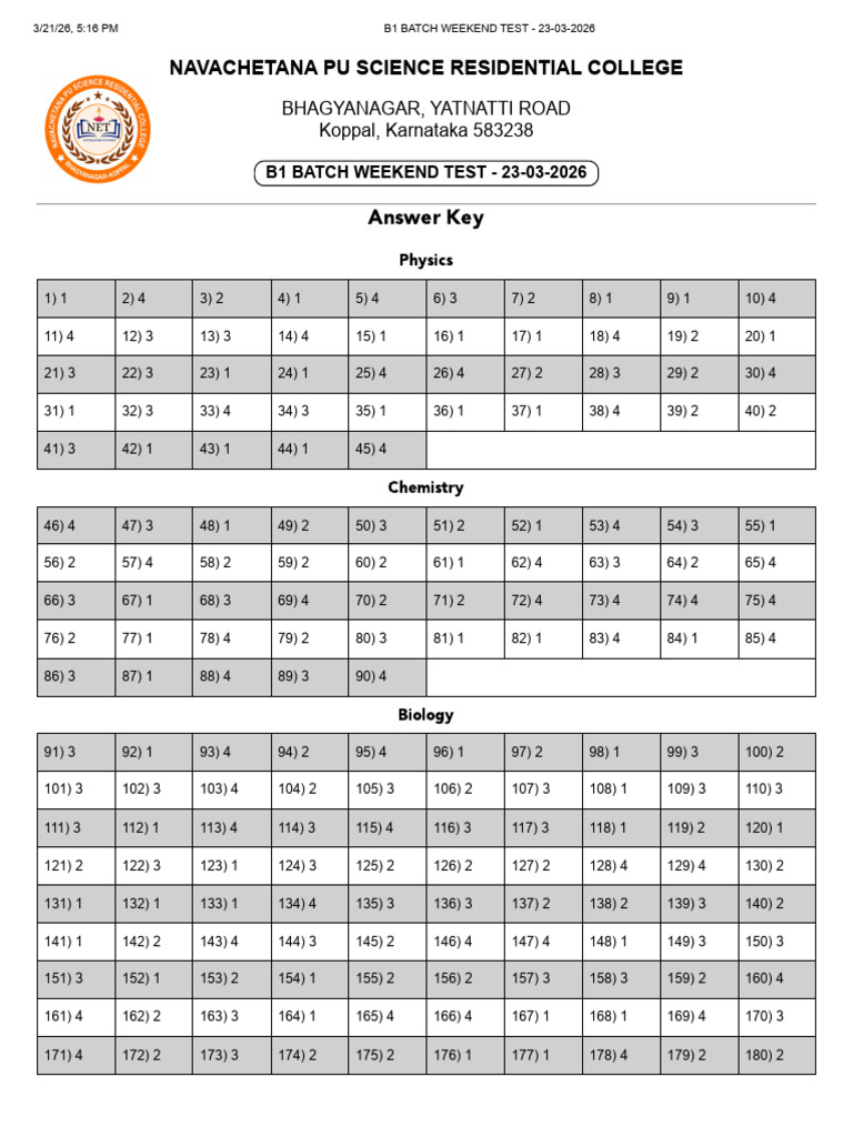 b1 Batch Weekend Test - 23-03-2026 (Key) | PDF | Sphere | Physical ...