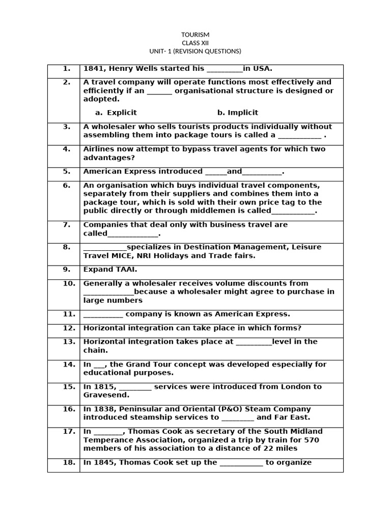 Revision MCQ Unit-1 Class 12 | PDF | Tourism | Travel Agency