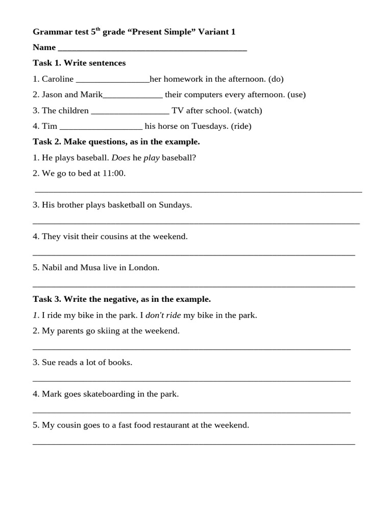 Grammar Test 5th Grade | PDF
