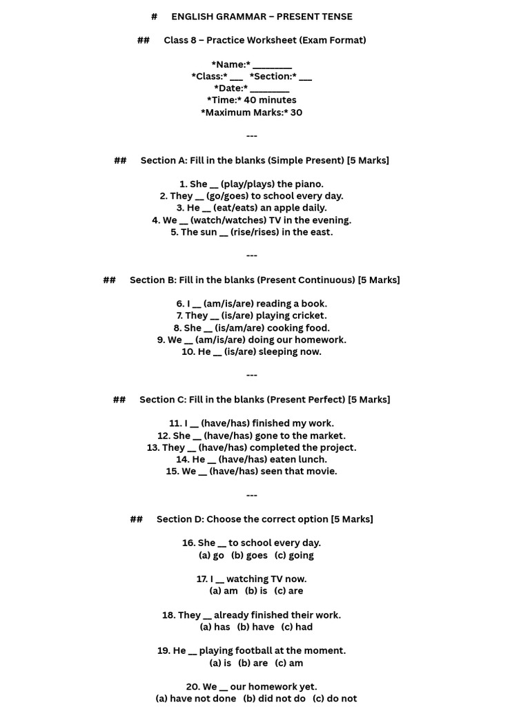 ENGLISH GRAMMAR - PRESENT TENSE ## ? Class 8 - Practice Worksheet (Exam ...