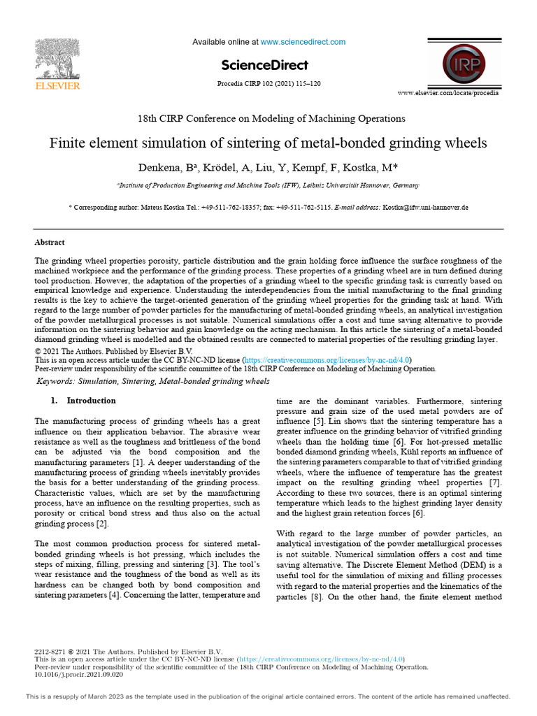 Finite Element Simulation of Sintering of Metal-Bonded Grinding Wheels ...