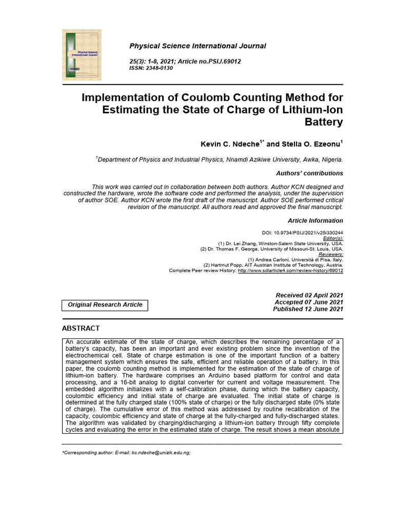 Implementation of Coulomb Counting Method For Esti | PDF | Lithium Ion ...