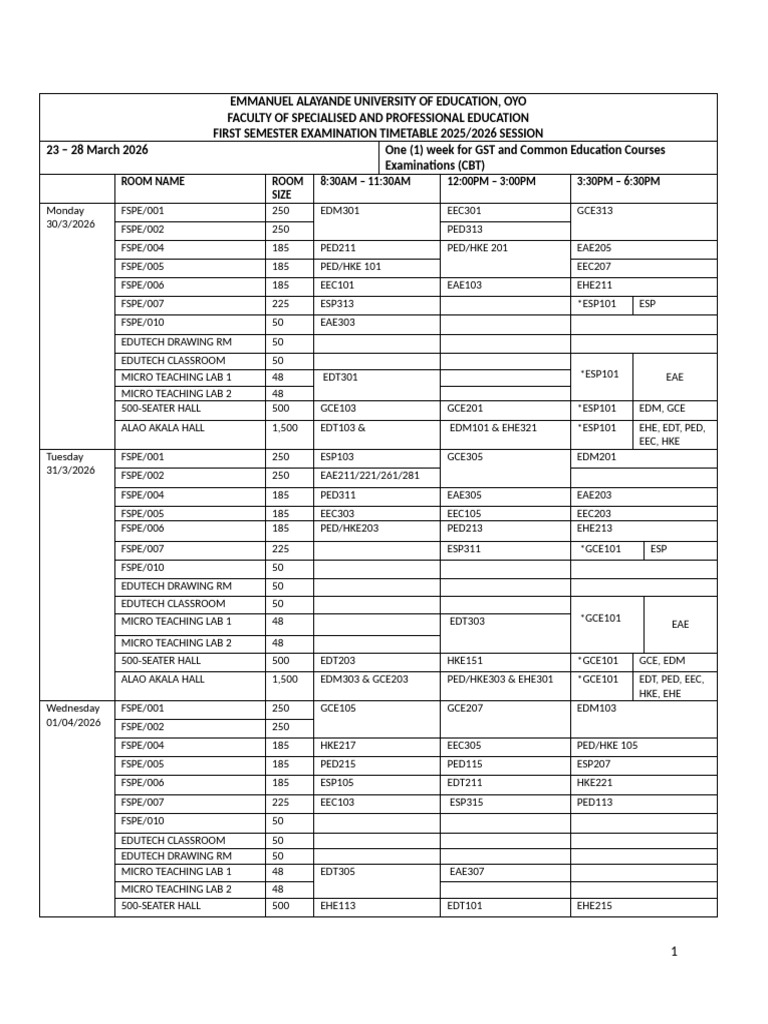First Semester Exam Timetable 2025n2026 (AutoRecovered) | PDF