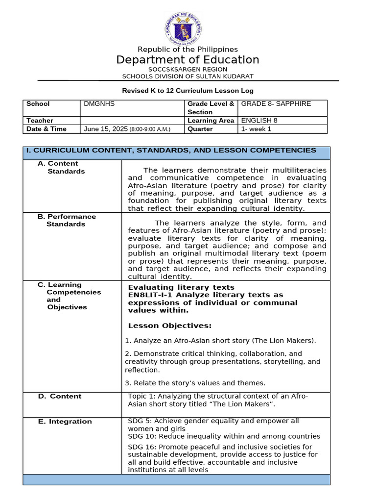 Sample Lesson Plan IN ENGLISH | PDF | Teachers | Learning