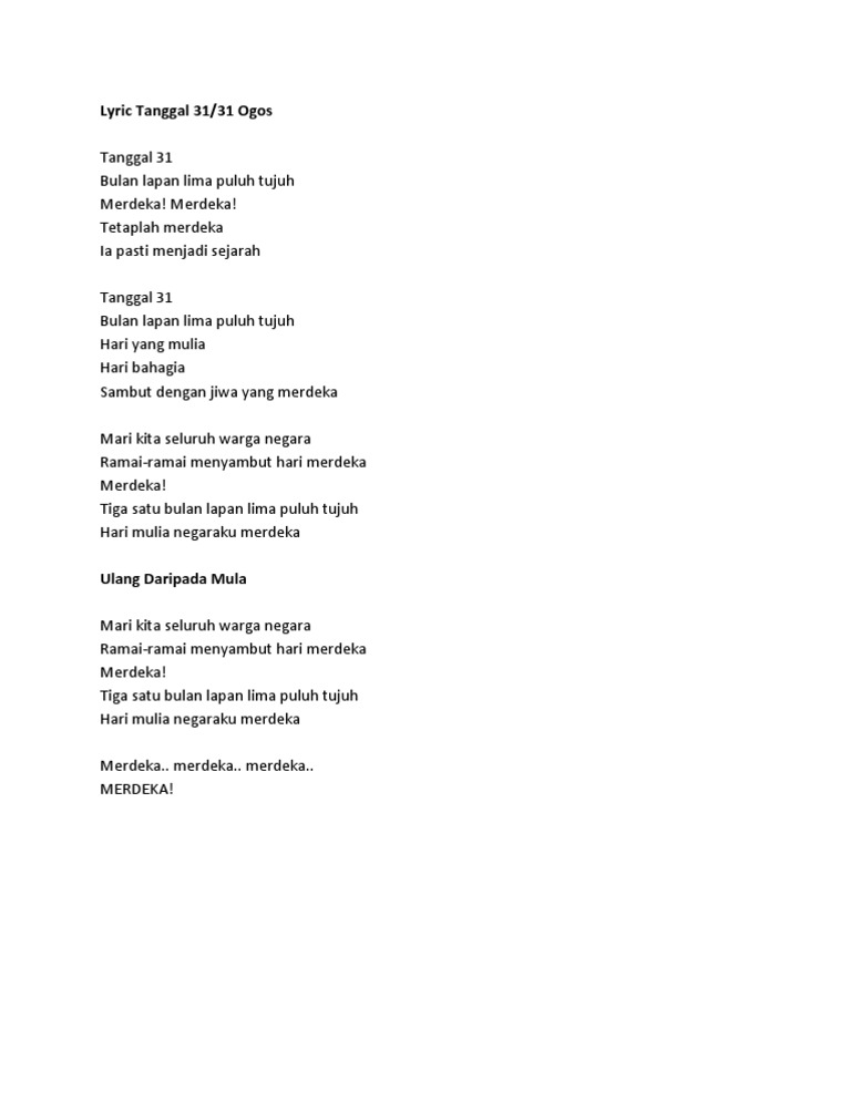 lirik lagu tanggal 31 ogos