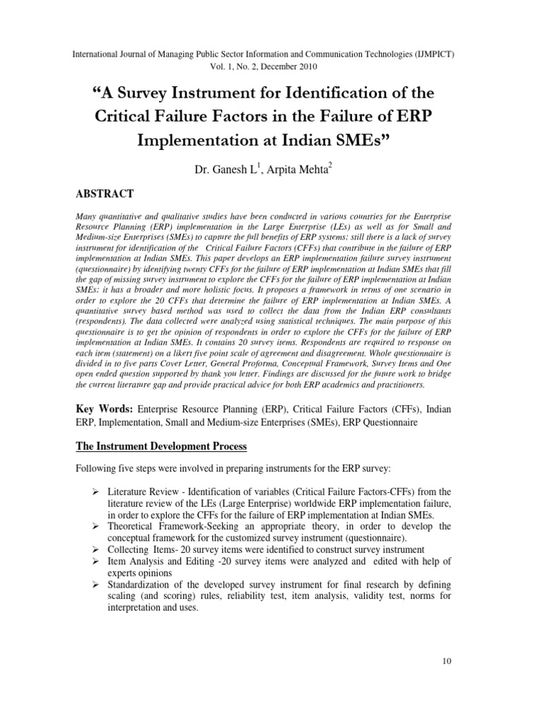 A Survey Instrument For Identification of The Critical Failure Factors ...