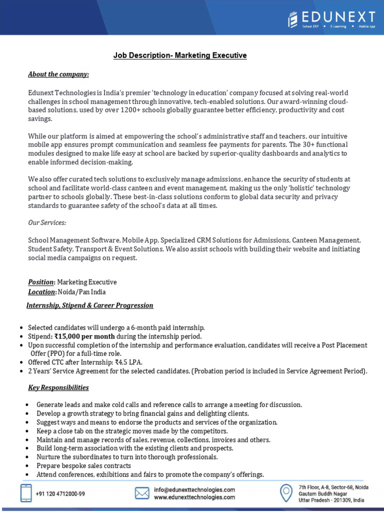 Job Description - Marketing Executive ( | PDF | Internship | Job Hunting