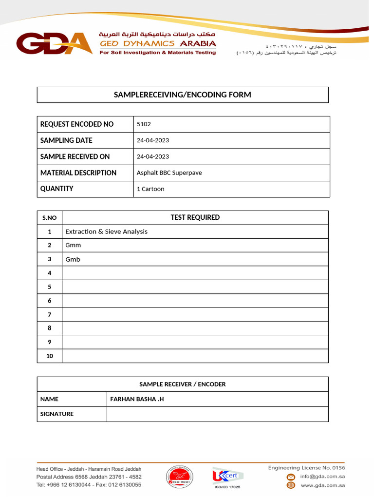 Samplereceiving/Encoding Form: Request Encoded No Sampling Date Sample ...