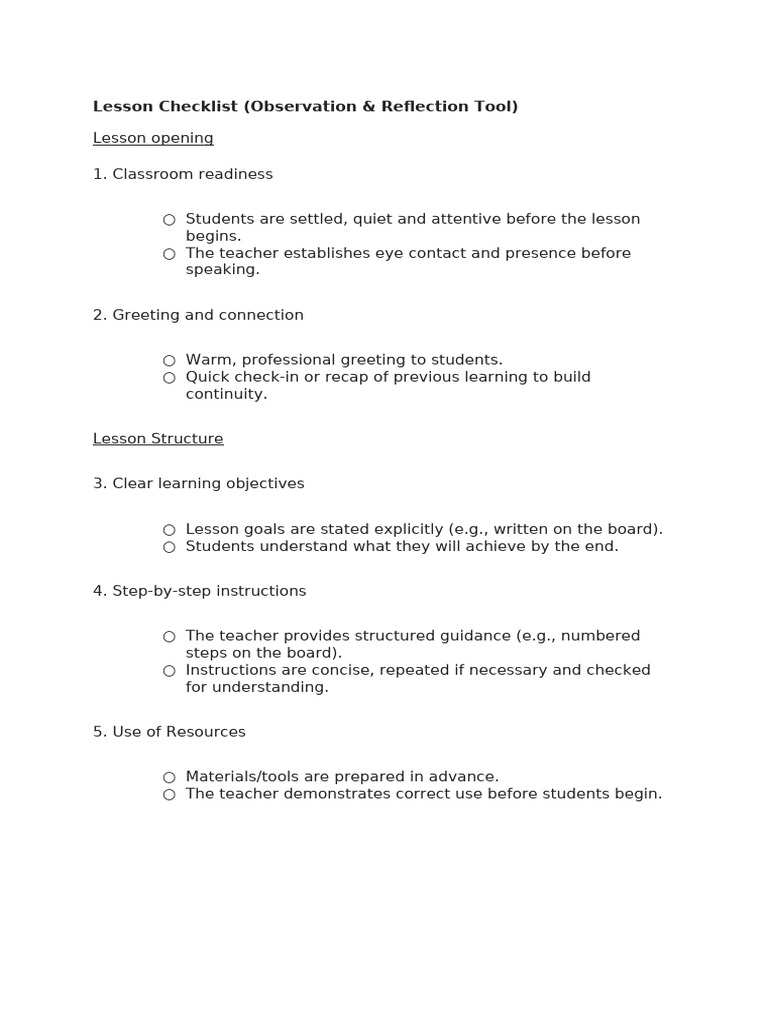 Lesson Checklist (Observation & Reflection Tool) | PDF | Teachers ...