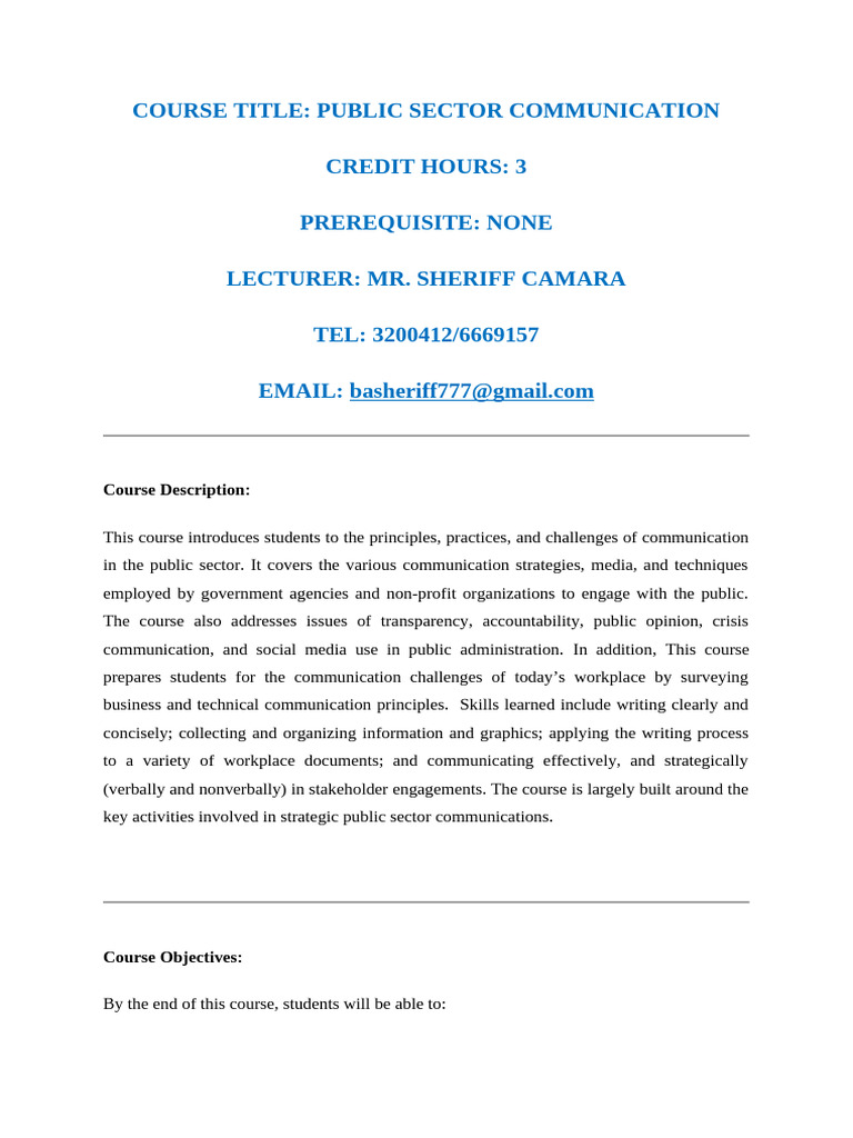 COURSE OUTLINE of The Public Sector Communication | PDF | Communication ...