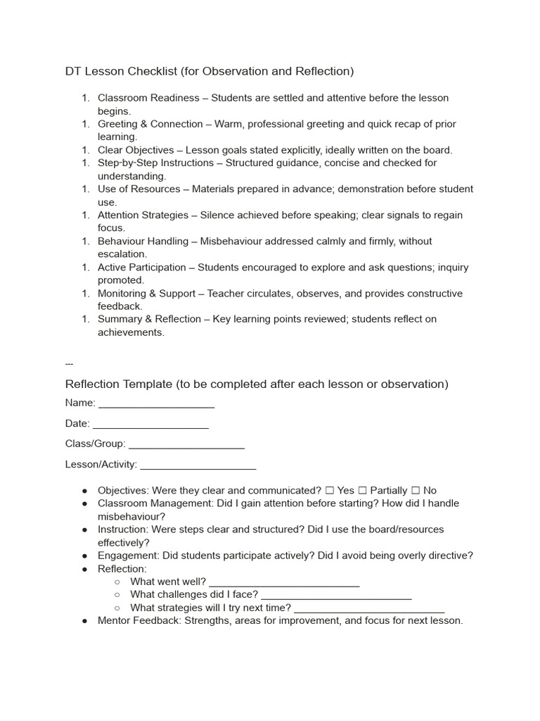 DT Lesson Checklist (For Observation and Reflection) | PDF | Classroom ...