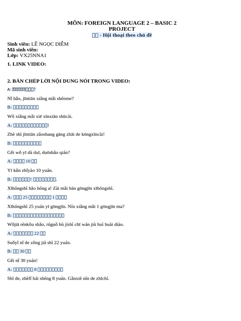 Môn: Foreign Language 2 - Basic 2 Project: Lê Ngọc Diễm VX25NNA1 | PDF