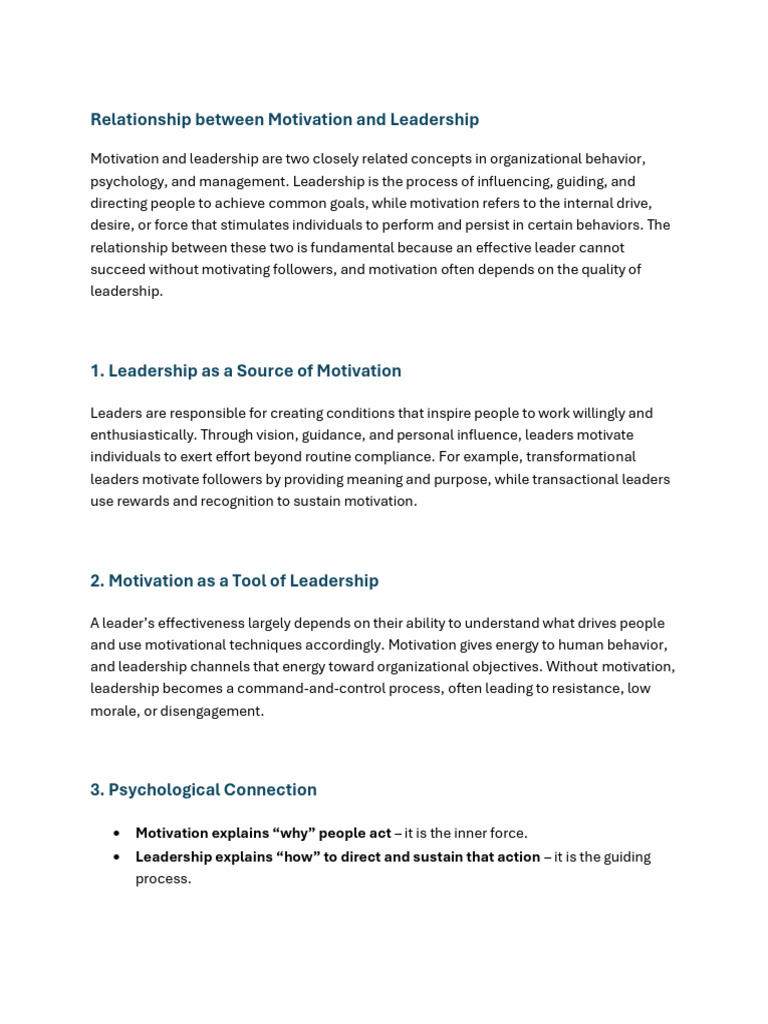 Relationship Between Motivation and Leadership | PDF | Motivation ...
