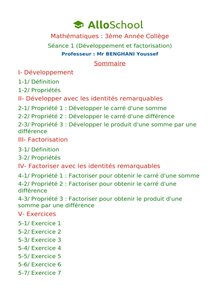 Seance 1 Developpement Et Factorisation | PDF | Mathématiques | Nombre