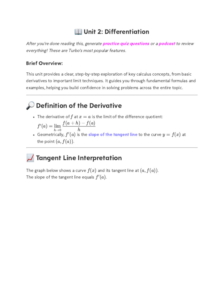 Unit 2 - Differentiation | PDF | Tangent | Derivative