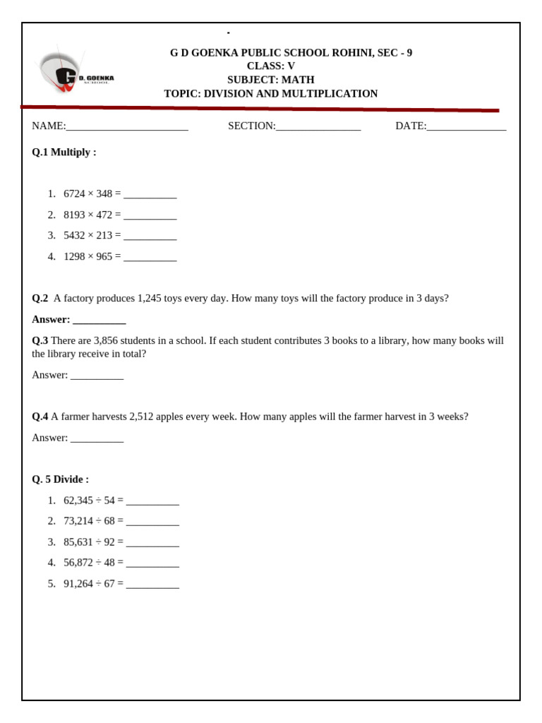 Class 5 Multiplication and Division | PDF