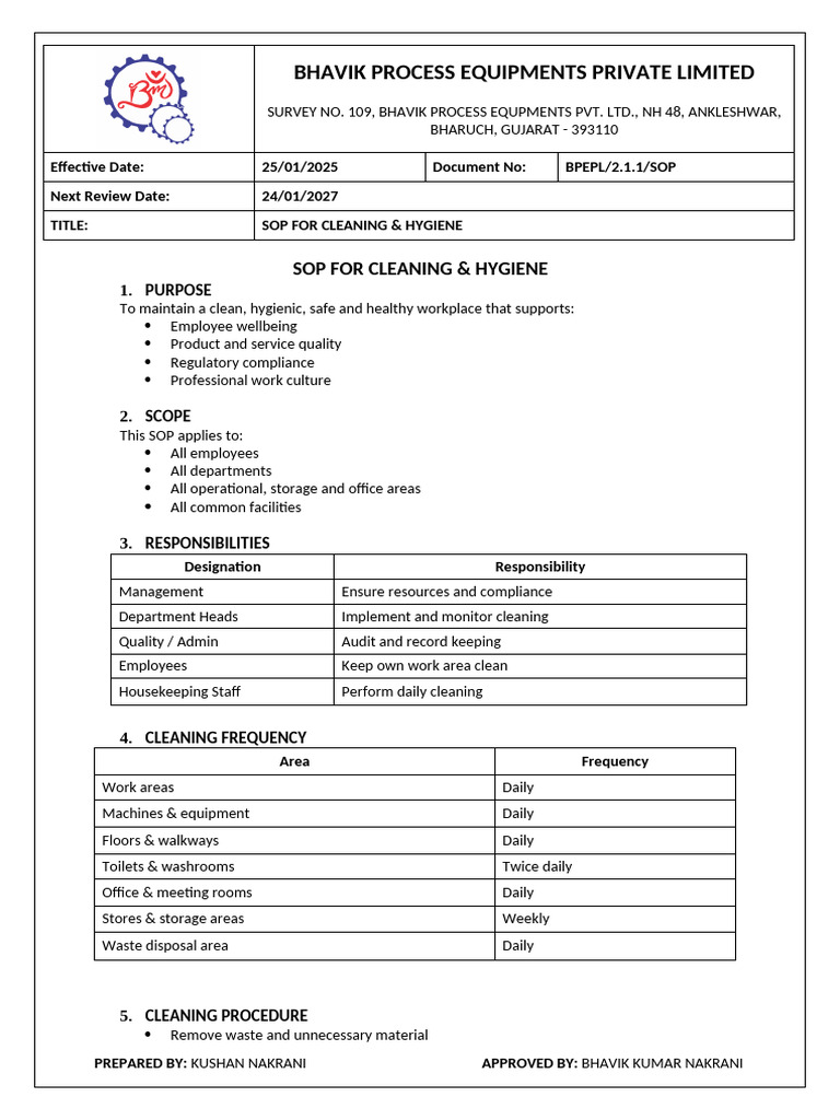 2.1.1 - SOP For Cleaning & Hygiene | PDF | Hygiene | Housekeeping