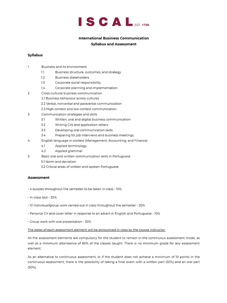 IBC - Syllabus + Assessment | PDF