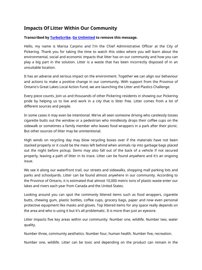 Impacts of Litter Within Our Community | PDF