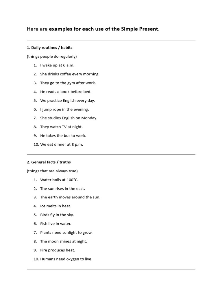 Here Are Examples For Each Use of The Simple Present | PDF | Water