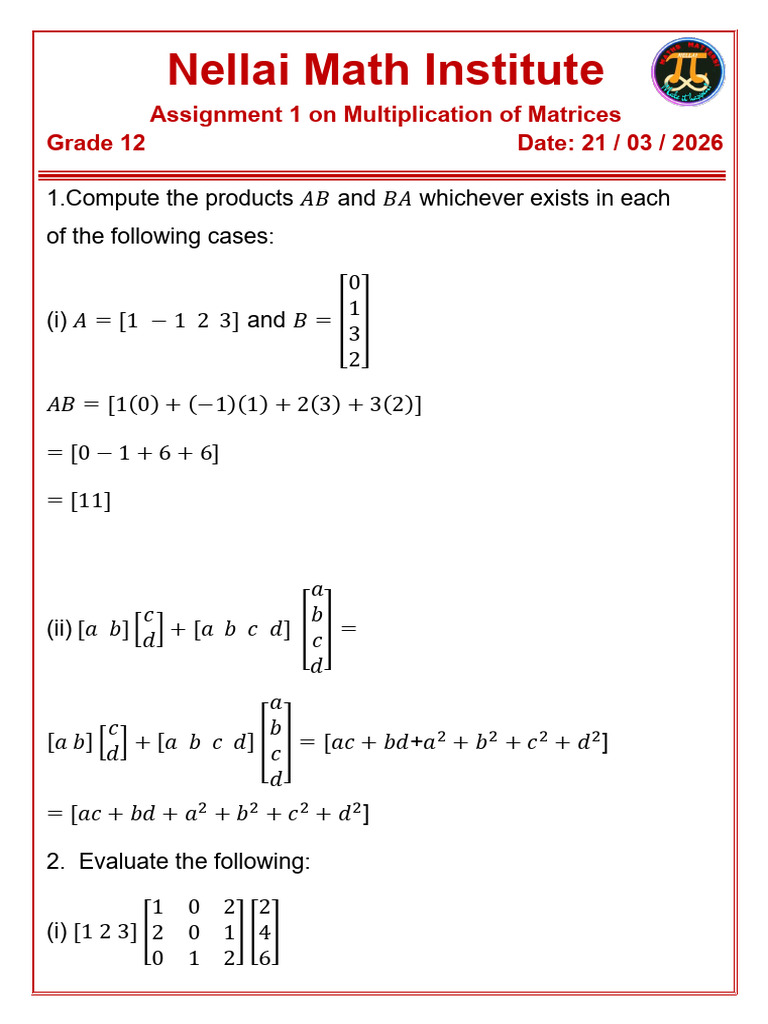 Assignment 1 On Multiplication of Matrices-5 | PDF