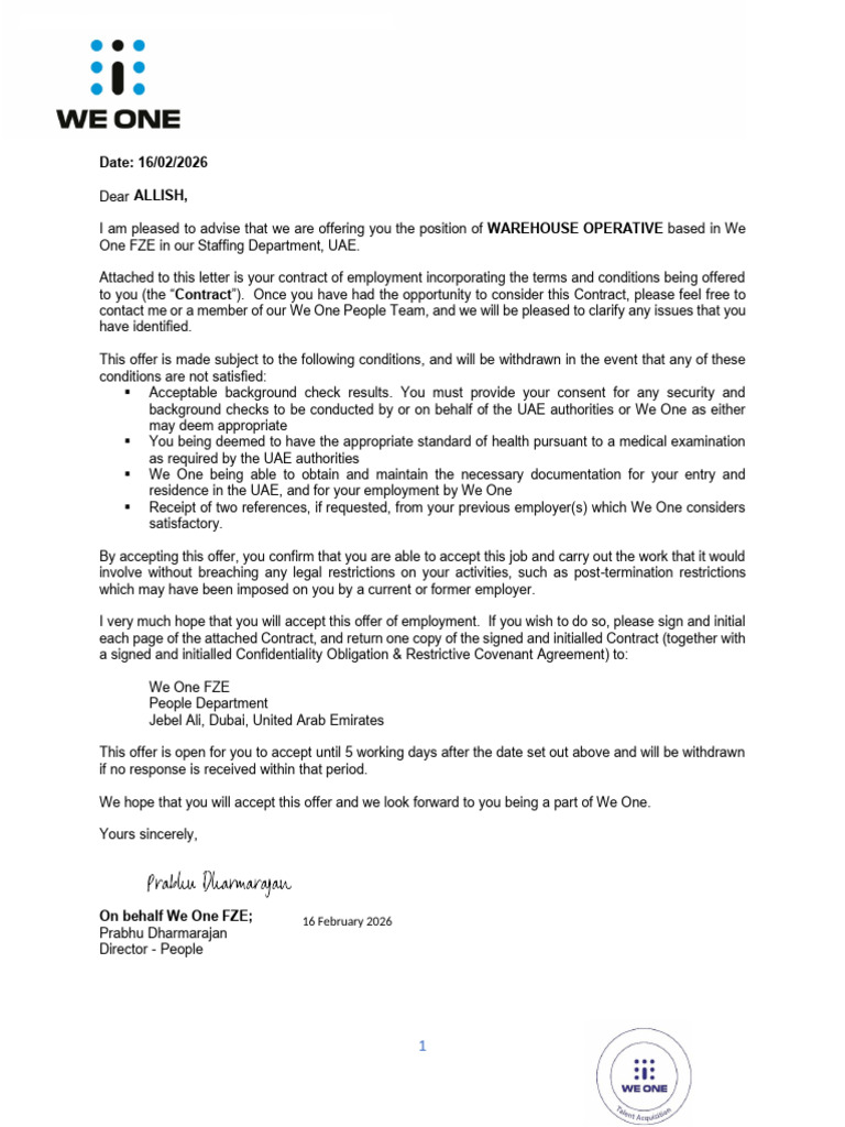 ALLISH - Offer Letters - Warehouse Assistant | PDF | Overtime | Employment