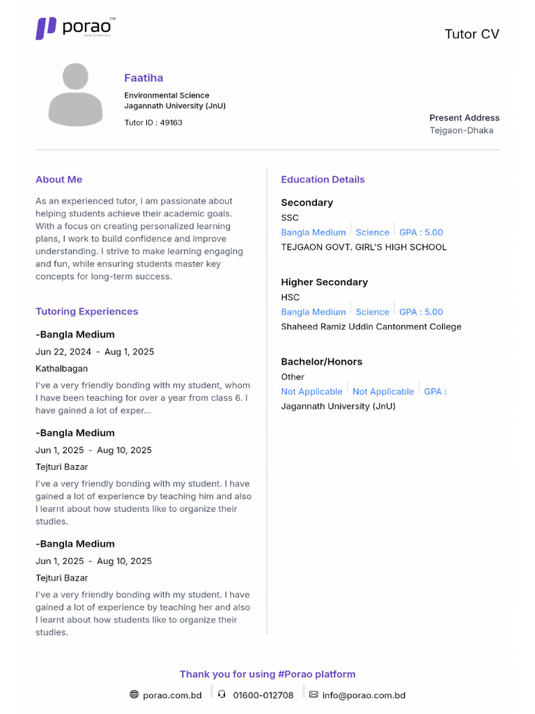 Faatiha's Short CV | PDF