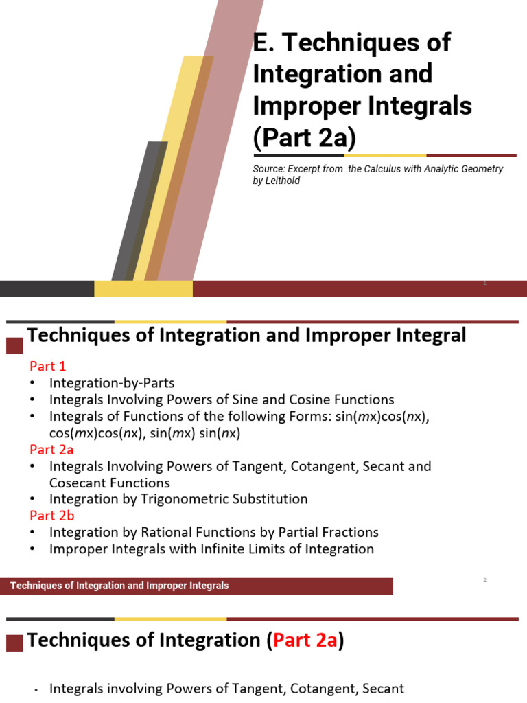 E. Techniques of Integration and Improper Integrals Part 2a | PDF ...